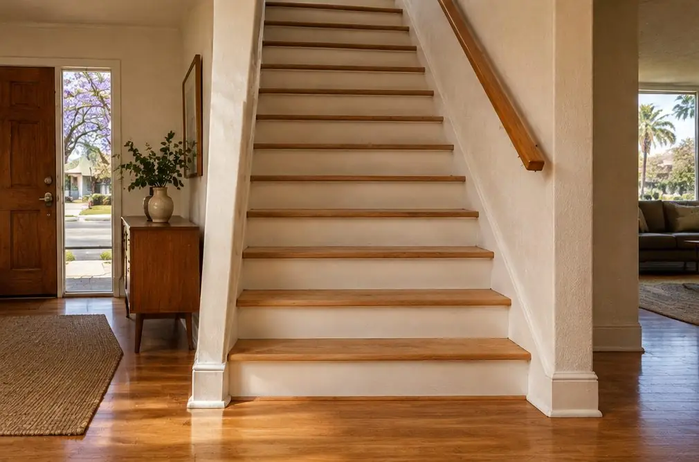 Illustration: a Torrance Heights staircase of bare sanded oak treads with white painted risers and a handrail, rising from the entry hall