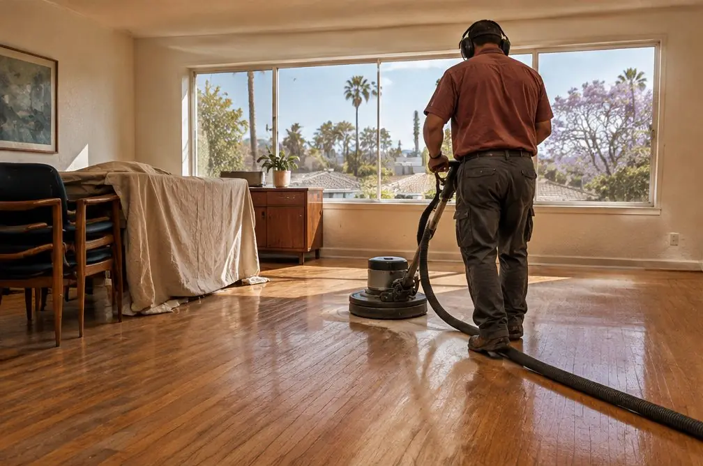 Illustration: a bright Torrance office floor of warm oak boards being buffed after hours, a stack of chairs and a covered desk pushed to the side