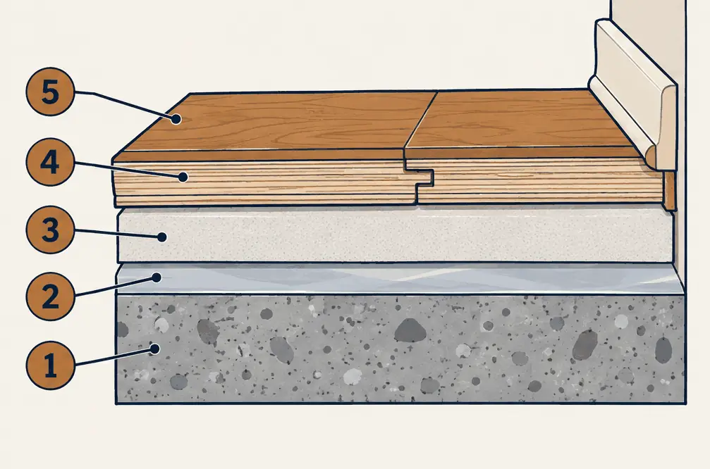 Diagram: cross-section of a floating engineered floor, planks clicked together over an underlayment on a concrete slab with a small gap at the wall