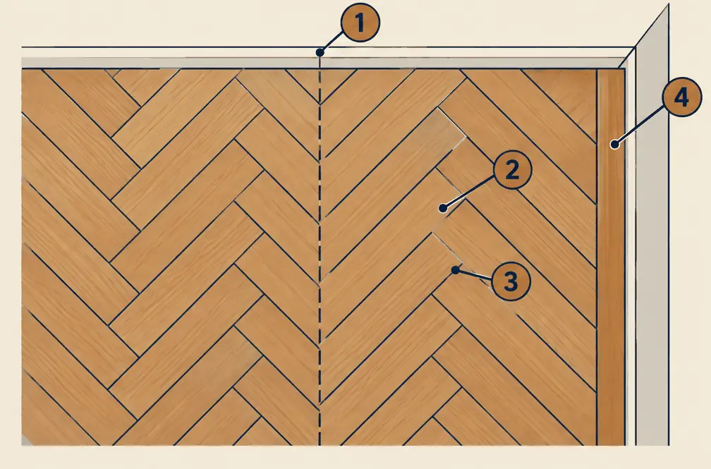 Diagram: top view of a herringbone floor, short planks meeting at right angles in a zigzag along a centre line, with a straight border plank at the wall