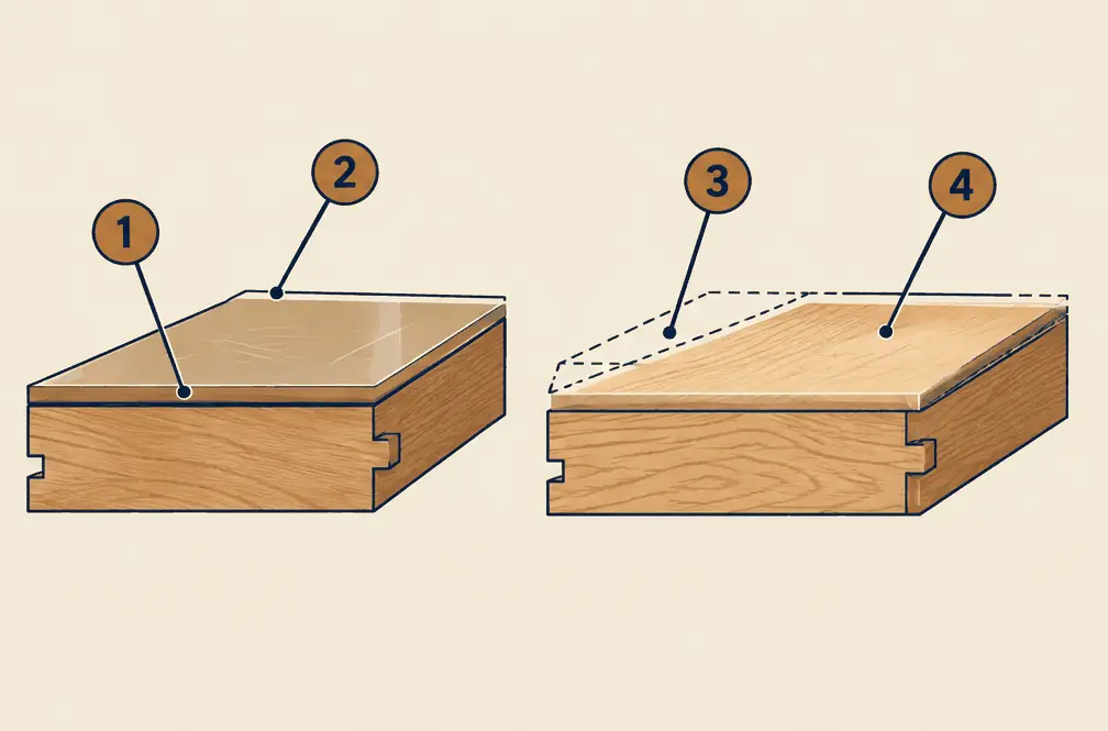 Diagram: two board sections, on the left a new coat over the lightly scuffed old finish, on the right the board sanded through the old finish into fresh wood with new coats