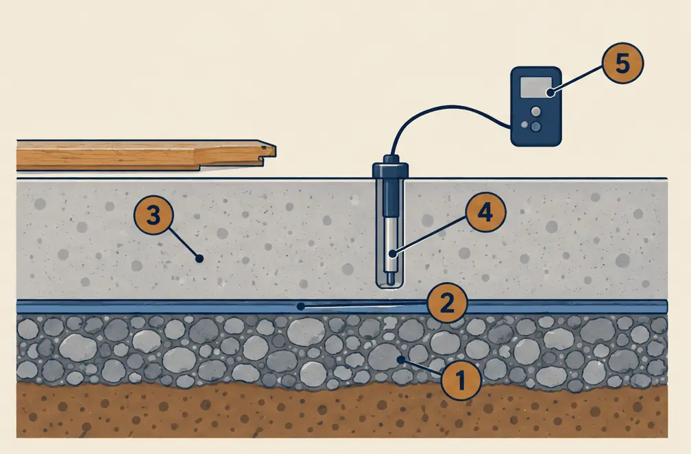 Diagram: cross-section of a concrete slab on gravel and soil with a membrane and a drilled hole holding a sealed humidity probe connected to a handheld reader