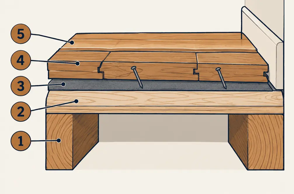 Diagram: cross-section of a solid hardwood floor nailed to a plywood subfloor over joists, with felt paper and the finish on top