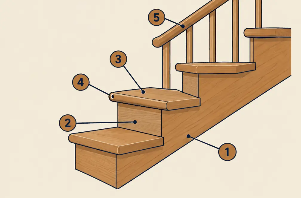 Diagram: side view of three wood steps showing the stringer, riser, tread, rounded nosing and a handrail on a baluster