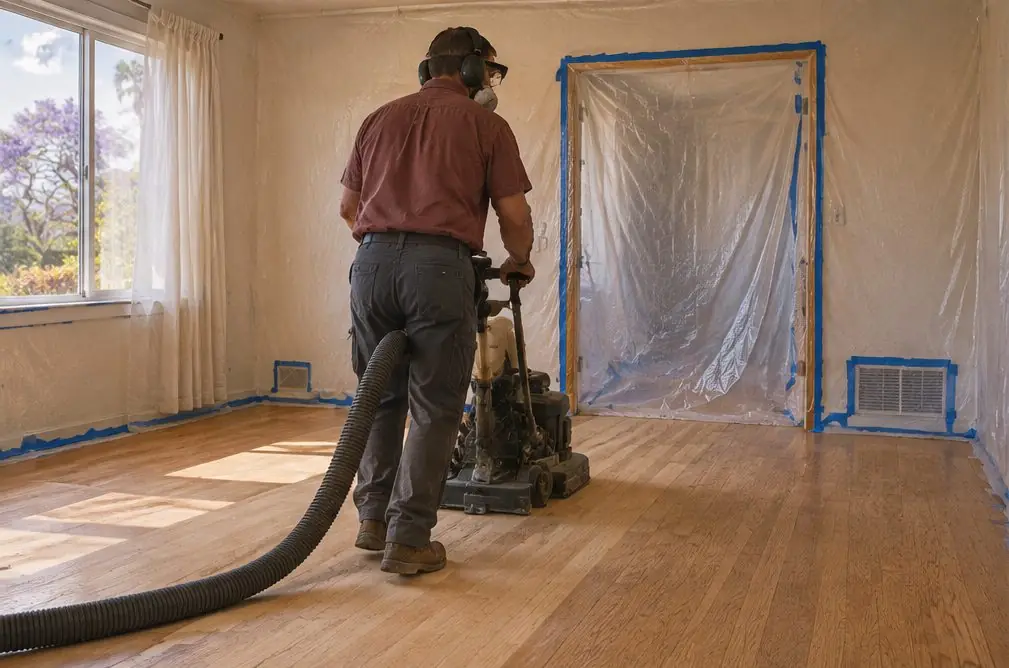 Illustration: a floor sander with a vacuum hose attached working in a closed-off Torrance room, plastic sheeting taped over the doorway and the vent covers
