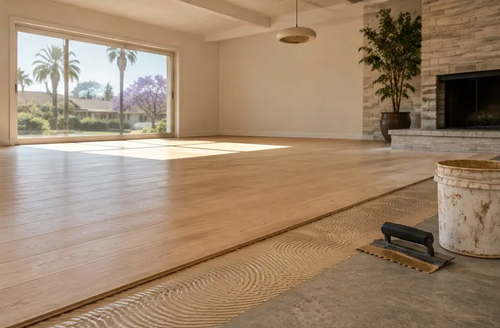 Illustration: a bright ground-floor West Torrance room with wide pale oak planks being glued down over a slab, a trowel and an adhesive pail at the edge of the work