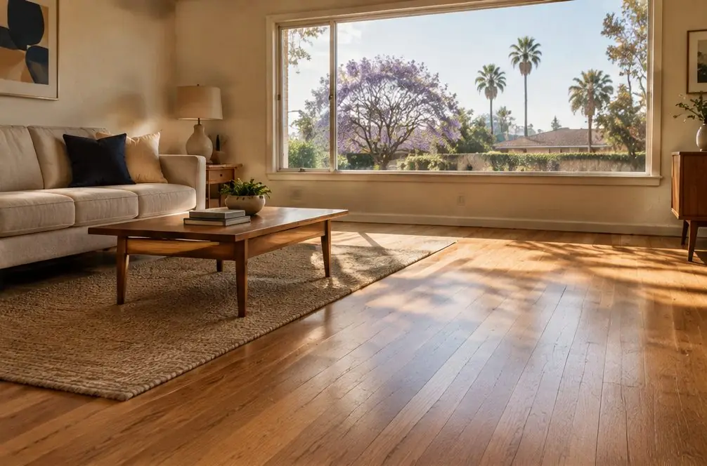 Illustration: the same living room with a finished warm oak floor and a plain sofa