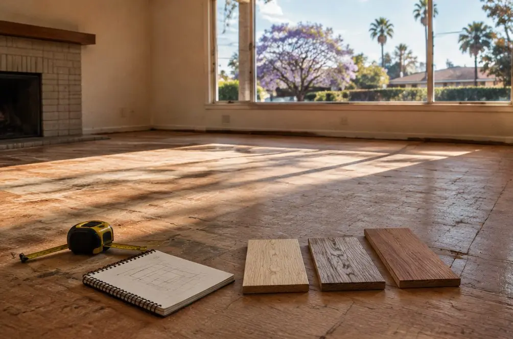 Illustration: a bare Torrance living room floor with a tape measure, a notebook and three sample boards on the boards