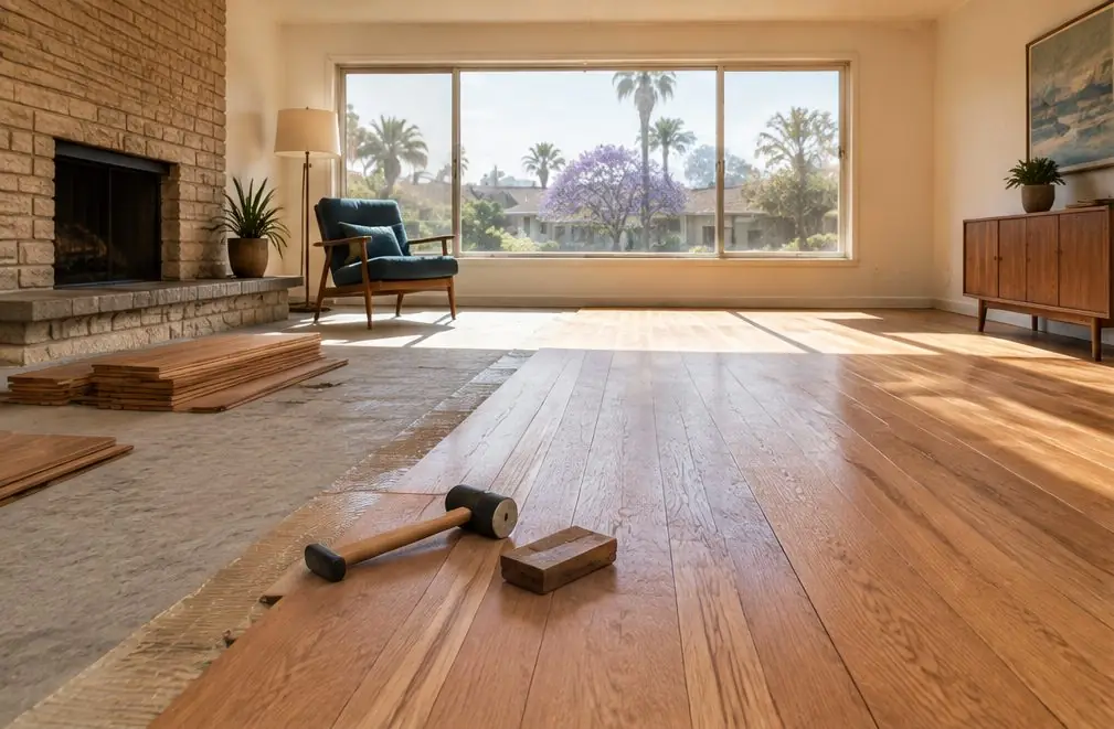Illustration: a bright Torrance living room with a half-laid oak floor, rows of planks running toward a window and a mallet and tapping block resting on the boards