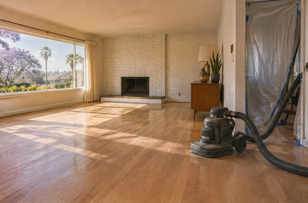 Illustration: a Torrance living room with a freshly sanded oak floor, a sander with a vacuum hose at the doorway and plastic sheeting over the hallway