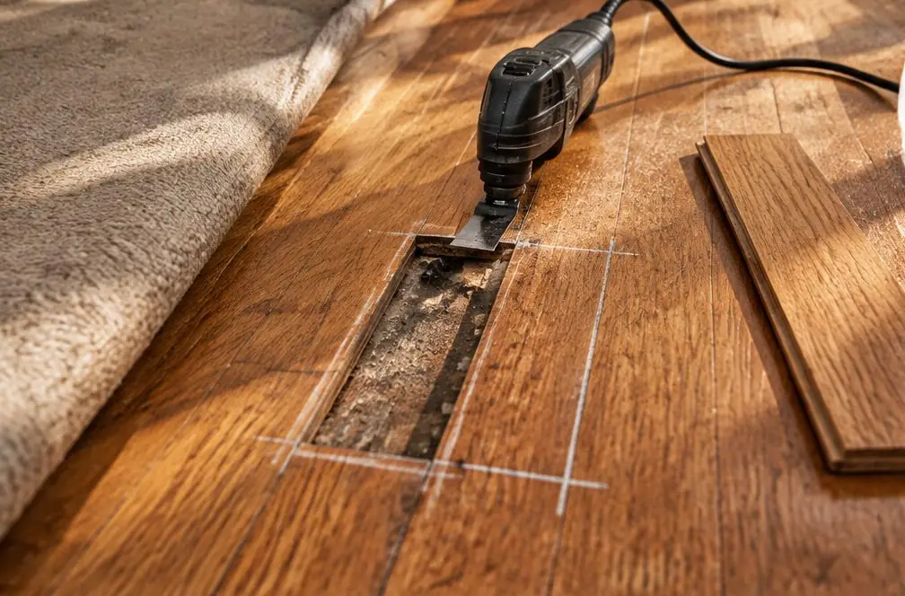 Illustration: a single damaged oak board being cut out of a Torrance floor with a multi-tool, a replacement board lying beside it and the chalk lines of a repair patch