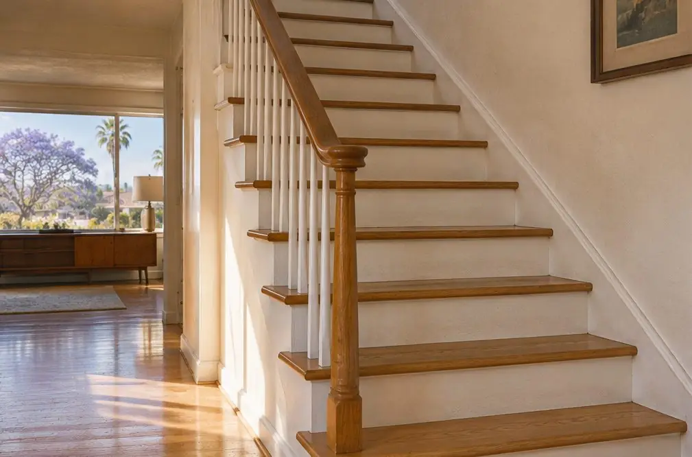 Illustration: a Torrance staircase with oak treads and white painted risers, the carpet runner gone and the handrail ready for a new finish