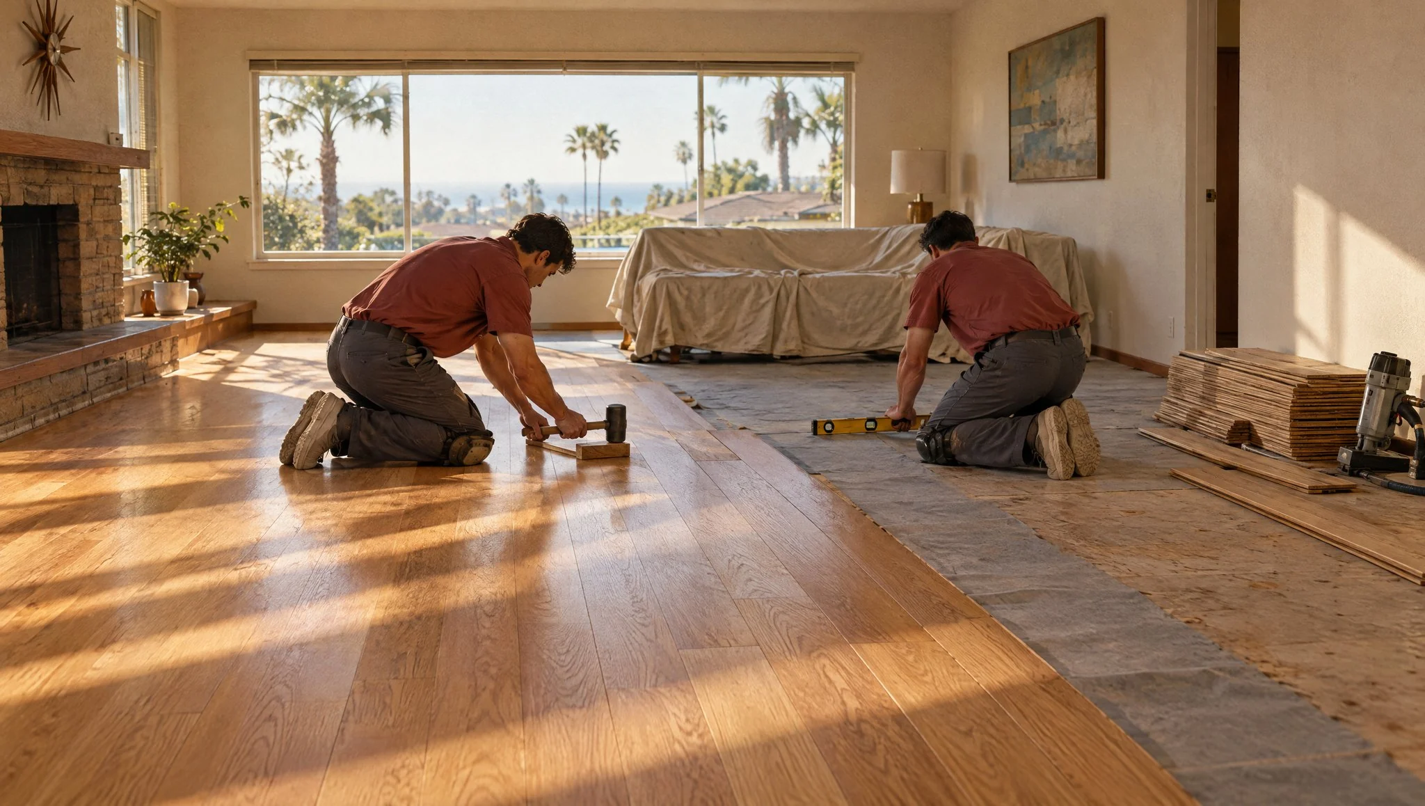 Illustration: two floor crew members in matching uniforms kneeling on a half-finished oak floor in a bright Torrance living room, one tapping a board into place with a mallet and the other checking the row with a level, a window and a sofa under a drop cloth behind them (AI-generated)