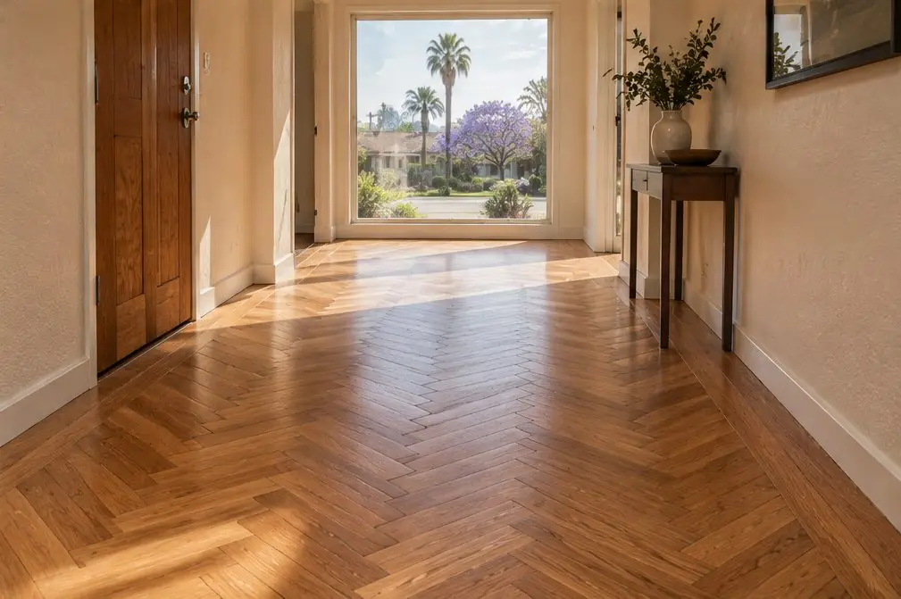 Illustration: a Torrance entry hall with a herringbone oak floor running toward a window, a straight-grain border along the wall