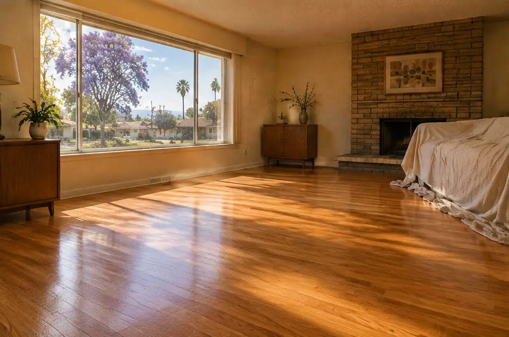Illustration: a Southwood living room with a freshly refinished warm oak strip floor, window light across the boards and a covered sofa pushed to the side