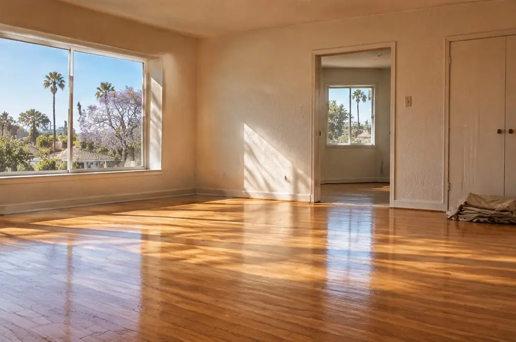 Illustration: an empty Torrance two-bedroom apartment with a freshly refinished oak floor, afternoon light on the boards and a drop cloth folded in the corner