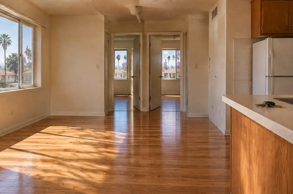 Illustration: an empty Old Torrance apartment with a freshly refinished oak floor, two bedroom doors off a short hall and keys on the kitchen counter