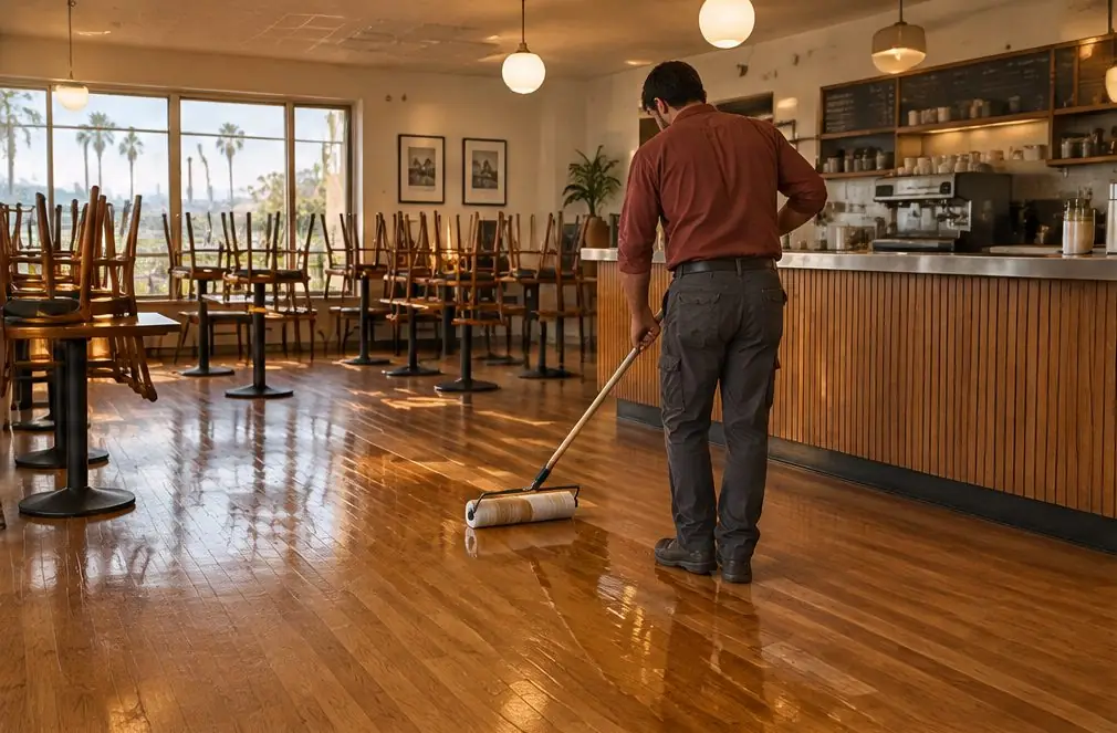 Illustration: a Torrance cafe with warm oak floors, chairs stacked on tables in the back and a roller moving across the floor in front of the counter