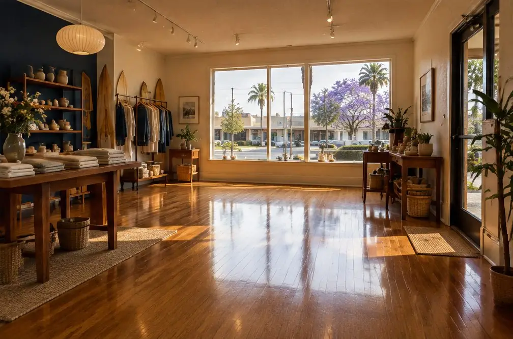 Illustration: a small West Torrance shop after closing with a warm oak floor freshly recoated to a satin sheen and display tables pushed to one side