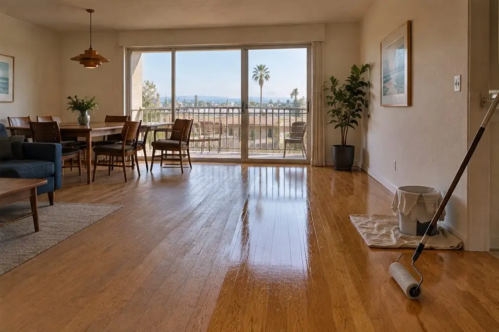 Illustration: a North Torrance condo living and dining room with an oak floor given a fresh satin coat, a roller and a covered pail by the wall and chairs moved to the balcony door