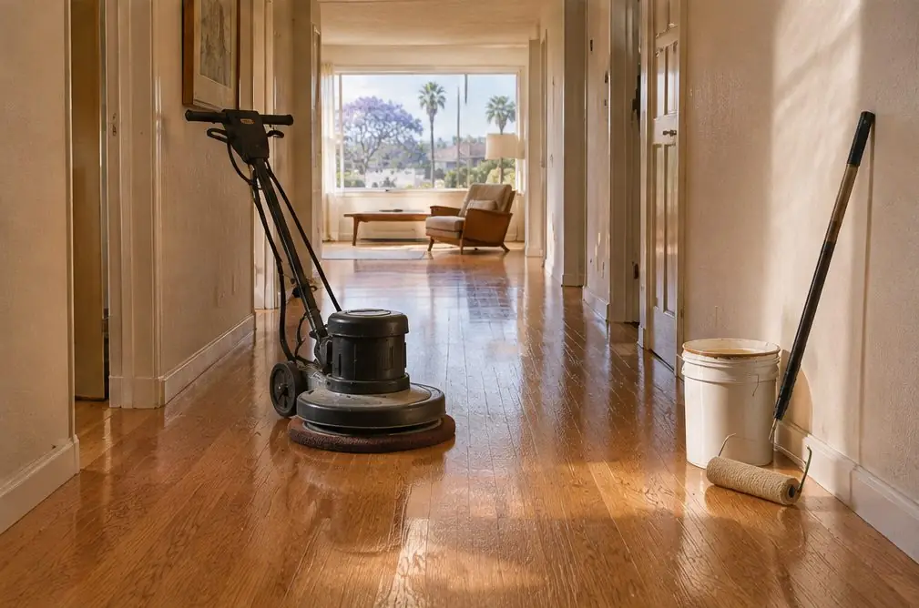 Illustration: a floor buffer fitted with a screen pad on a clean oak floor in a Torrance hallway, a roller and a pail of finish waiting by the wall