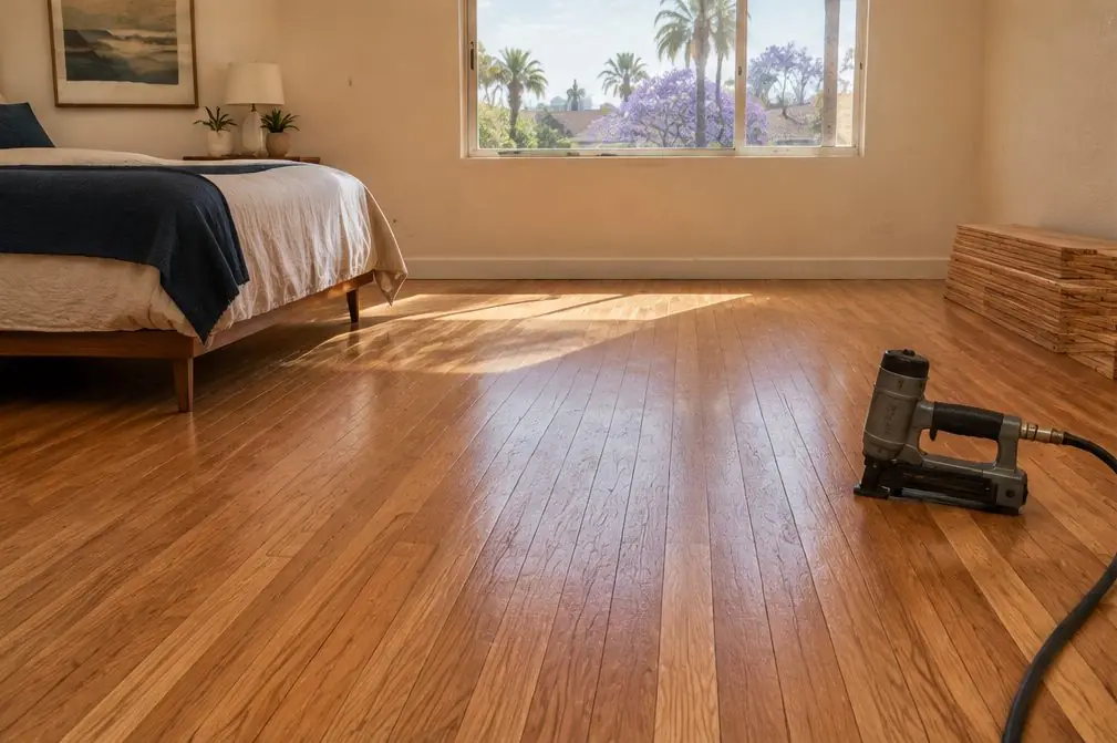 Illustration: a Torrance bedroom with solid oak strips nailed down in tight rows, a flooring nailer and a stack of boards by the wall