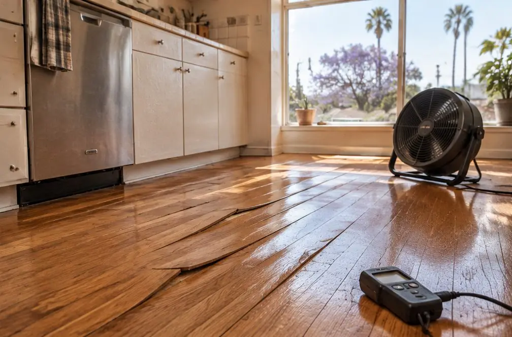 Illustration: a Torrance kitchen floor with cupped oak boards beside a dishwasher, a moisture meter lying on the floor and a fan drying the room